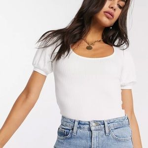 Ribbed Puff-Sleeve Shirt, M, White